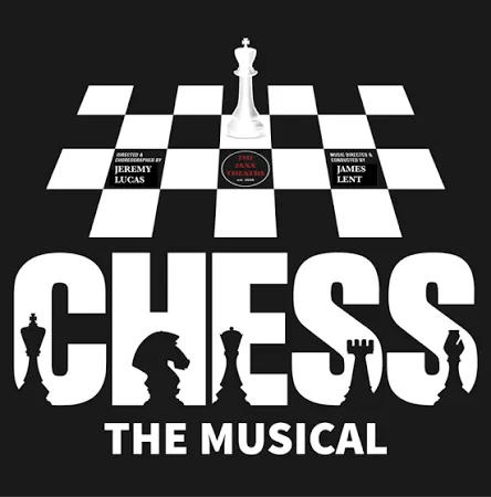Chess the musical image with a black and white chess board and the words CHESS in white