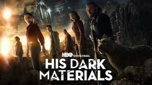 His Dark Materials series poster, a dark images with the cast set to a distant glowing light
